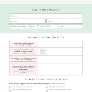 K&ouml;nnte beinhalten: Ein Onboarding-Formular f&uuml;r Executive Functioning Coaching mit Abschnitten f&uuml;r Kundeninformationen, Hintergrundinformationen sowie aktuelle Herausforderungen und Ziele. Das Formular enth&auml;lt Felder f&uuml;r vollst&auml;ndigen Namen, Telefonnummer, E-Mail und bevorzugte Kontaktmethode.