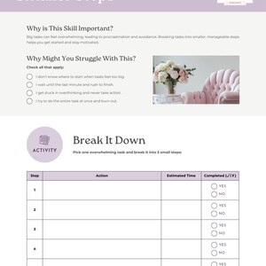 Puede incluir: Una hoja de trabajo titulada "Dividir las tareas en pasos más pequeños" con un encabezado morado claro. El documento explica cómo dividir las tareas grandes en pasos más pequeños. Incluye una lista de verificación y una tabla para el seguimiento del progreso.