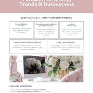 Pu&ograve; includere: Un opuscolo intitolato "Il futuro del coaching della funzione esecutiva: tendenze e innovazioni". Presenta le tendenze del coaching, tra cui approcci tecnologici, informati sui traumi e olistici. Un computer e dei fiori sono sullo sfondo.