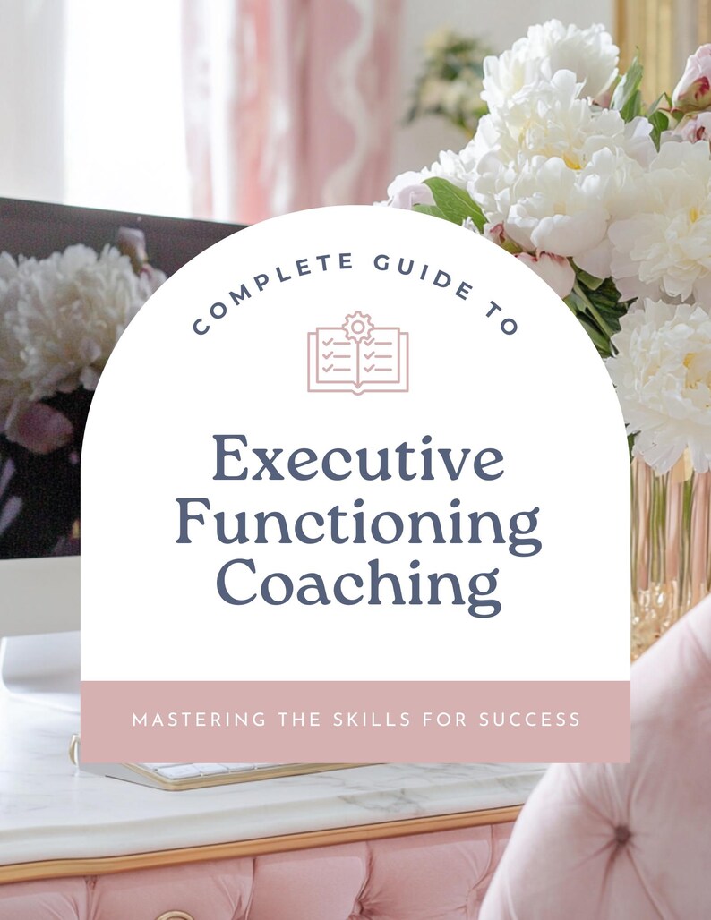 Pu&ograve; includere: Copertina di un libro con il titolo "Complete Guide to Executive Functioning Coaching" in testo blu navy. La copertina presenta una combinazione di colori rosa e bianco, con una composizione floreale e una sedia rosa trapuntata sullo sfondo. Il sottotitolo recita "Mastering the Skills for Success."