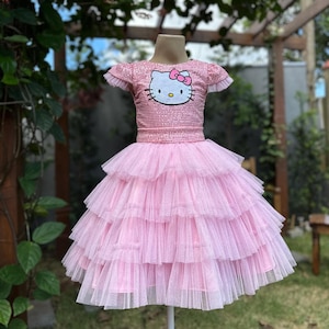 Pode incluir: Um vestido rosa com um gráfico Hello Kitty no corpete. O vestido apresenta uma saia de tule em camadas e mangas curtas. O vestido é exibido em um manequim.