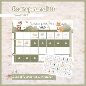 Peut inclure: Un tableau de routine quotidienne personnalisé format A4 sur le thème de la forêt pour Marlon, illustré avec un cerf, un lapin et un renard. Il comprend des lignes pour le matin et le soir avec 43 vignettes à gratter illustrant diverses activités.