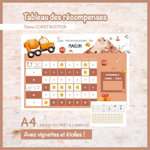 Peut inclure: Un tableau des récompenses sur le thème de la construction intitulé Tableau des récompenses, avec une bétonnière, un tas de terre et une grille de suivi. Il inclut une section pour Marlon, une zone de récompense et une planche de vignettes et d'étoiles.