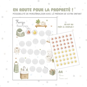 Peut inclure: Un tableau de récompense pour la propreté illustré avec des toilettes, un lavabo et une serviette souriants, accompagné d'une planche d'autocollants. Texte : EN ROUTE POUR LA PROPRETÉ, POSSIBILITÉ DE PERSONNALISER AVEC LE PRÉNOM DE VOTRE ENFANT, EN KIT OU PRÊT À L'EMPLOI, A4, Thème, Neutre vert, Kenza, Devient propre, Début, Bravo.