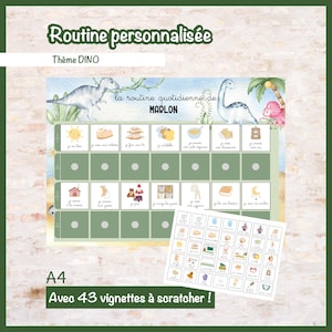 Peut inclure: Un tableau de routine quotidienne personnalisé sur le thème des dinosaures pour un enfant nommé MARLON, avec des illustrations aquarelles de dinosaures et palmiers. Il inclut une grille de tâches et une planche de 43 vignettes à gratter.