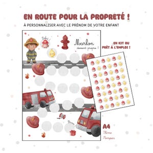 Peut inclure: Une affiche A4 sur le thème des pompiers. Elle présente un motif de route avec des cercles pour les autocollants, un camion de pompiers, un personnage de pompier et le texte "EN ROUTE POUR LA PROPRETÉ !" et "Marlon devient propre !"