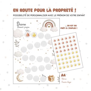 Peut inclure: Un tableau de récompense pour la propreté au format A4 avec des illustrations beiges et brunes de nuages, un arc-en-ciel, une lune et un cadeau. Il inclut une planche d'autocollants ronds avec des petits personnages crottes et gouttes.