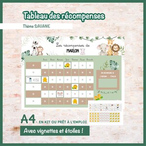 Peut inclure: Un tableau des récompenses sur le thème de la savane illustré avec un zèbre, un singe, un éléphant, une girafe et un lion. Le document inclut les jours de la semaine, une grille pour les vignettes et un espace personnalisé au nom de MARLON.