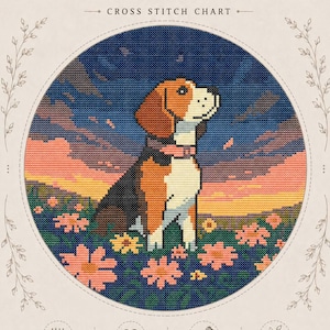 以下が含まれることがあります： BEAGLE AT SUNSETと題されたクロスステッチチャート。夕焼け空の下、花畑にいるビーグル犬が描かれています。デザインは円形で、サイズは124 x 125ステッチです。ステップバイステップガイドやカスタムメイドのアイコンが含まれています。