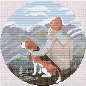 May include: A cross-stitch design depicting a person and a dog in a mountain setting. The dog, a beagle, has brown and white markings. The person wears a light-coloured jacket and hat. The background shows mountains, sky, and clouds.