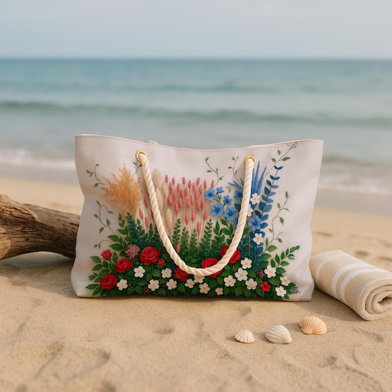 Floral Weekender Tote Bag: Red Roses & Wildflower Canvas Shoulder Bag