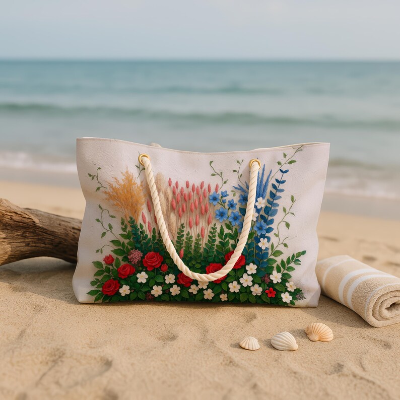 May include: A white tote bag with a floral design featuring red roses, blue and white flowers, and green foliage. The bag has rope handles and gold-coloured eyelets. The background shows a beach scene with sand, seashells, and a rolled-up towel.