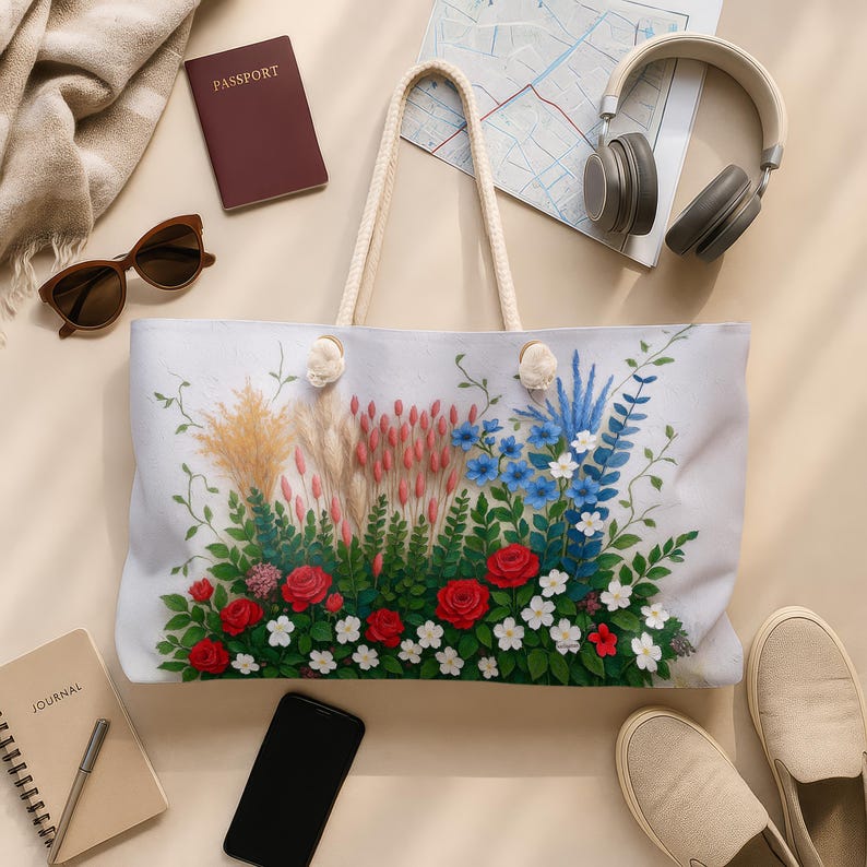 May include: A white tote bag with a floral design featuring red roses, blue and white flowers, and various grasses. The bag has rope handles and is surrounded by travel accessories like sunglasses, a passport, and headphones.