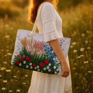 May include: A white tote bag adorned with a floral pattern of red roses, blue and white flowers, and green leaves. It has a cream rope handle. The bag is carried by a person in a white dress, set against a backdrop of wildflowers.