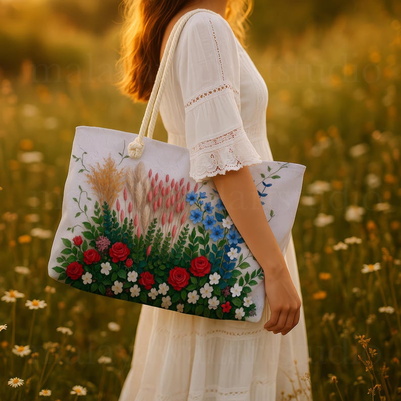 May include: A white tote bag adorned with a floral pattern of red roses, blue and white flowers, and green leaves. It has a cream rope handle. The bag is carried by a person in a white dress, set against a backdrop of wildflowers.