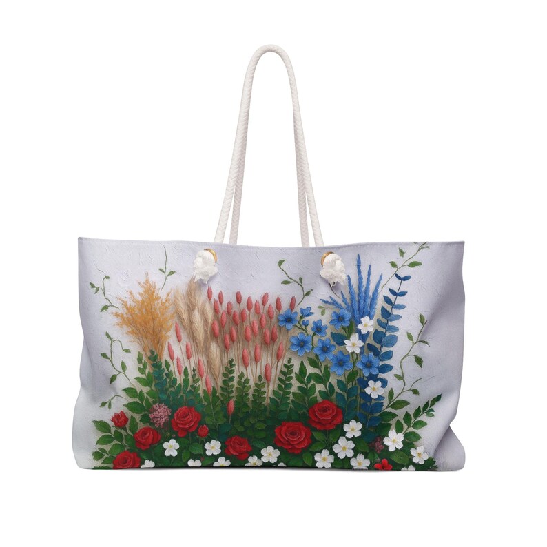 Floral Weekender Tote Bag: Red Roses & Wildflower Canvas Shoulder Bag image 3