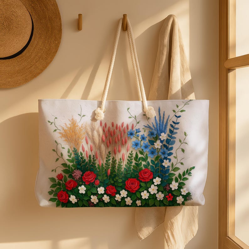 May include: A white tote bag with a floral design featuring red roses, blue and white flowers, and various other plants. The bag has rope handles and is hanging on a wall. A straw hat is visible in the upper left corner.