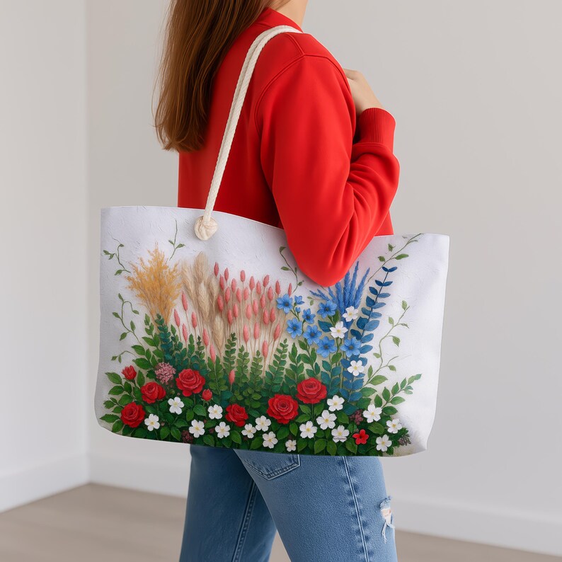May include: White tote bag with a floral design, including red roses, white flowers, and blue and pink wildflowers. It has a cream rope handle. The bag is carried by a person wearing a red jumper and blue jeans.