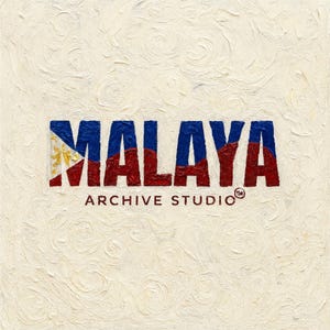 May include: The word "MALAYA" in blue and red, with a flag design, is centered on a textured, off-white background. Below, the text "ARCHIVE STUDIO" is in a dark red font. The design has a painted appearance.