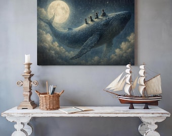 Surreal Whale Moon Ride Canvas Art: Whimsical Nursery Decor
