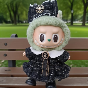 Luxury Tweed Labubu Dress Set – 17cm Pop Mart Labubu Doll Clothes with Pearl Bow & Timeless Charm | Elegant Gift for Collectors