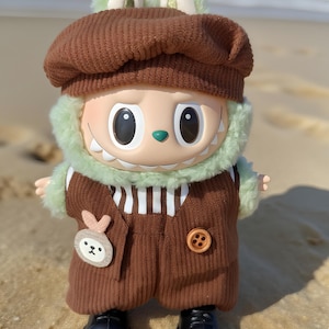Vintage Corduroy Outfit for 17cm Labubu Doll – Handmade Clothes & Matching Hat | Pop Mart Collectible Gift | British Cottagecore Fashion