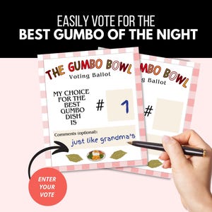 以下が含まれることがあります： ピンクと白のチェック柄の縁取りが施された、THE GUMBO BOWL Voting Ballotと書かれた2枚の長方形の投票用紙。用紙にはMY CHOICE FOR THE BEST GUMBO DISH IS、# 1、Comments (optional): just like grandma'sという文字と、ガンボのイラストが印刷されています。