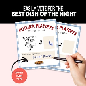Könnte beinhalten: Zwei rechteckige Potluck Playoffs Stimmzettel mit einem blau-weißen Karomuster-Rand. Der Text lautet Potluck Playoffs, Voting Ballot, My choice for the best potluck dish is und Comments (optional). Auf einem Stimmzettel ist die Zahl 4 in Blau geschrieben.