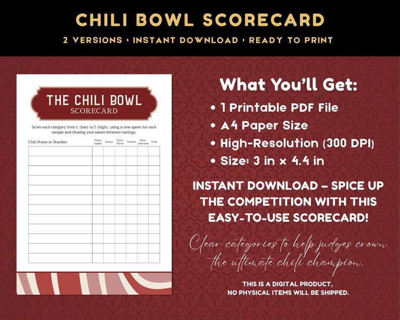 Chili Cook off Scorecard Printable, Food Competition Judging Sheet ...