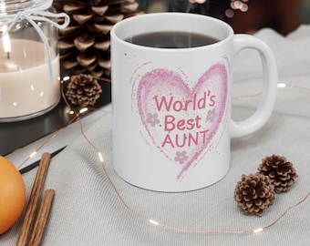 Worlds Best Aunt Mug with Heart , Cute Coffee Cup Gift for Auntie, Birthday, Mothers Day, Christmas Present for Aunt