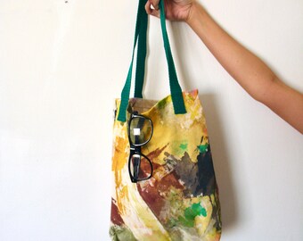 Cotton canvas tote bag -acrylic painted- splashed with green and pink colors