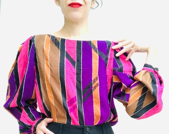 vintage blouse in abstract stripe prints, long sleeve, 1980 style, secretary style, purple and magenta