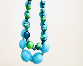 set of two Vintage beaded necklaces 1970’s, retro style accessories, blue and green marbled