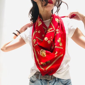 Vintage scarf in red floral pattern 1970’s, secretary style, women accessories
