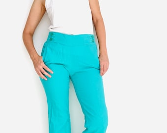 vintage women pants, 1990 style in solid teal, straight leg,  for summer season, colorful fabric, curvy shape