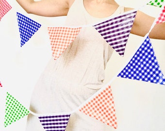 Oilcloth bunting The gingham Style 15 triangle flags for wedding, party, decoration, nursery, outdoors, ready to ship