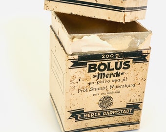 Vintage apothecary cardboard empty box, E. Merck lab, made in Mexico, 1930’s pharmacy collectors