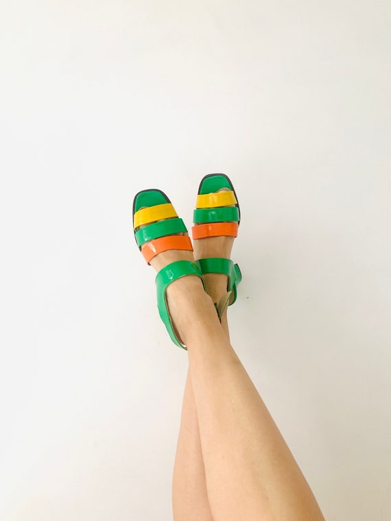 Vintage new strap heel sandals in vibrant green a… - image 7