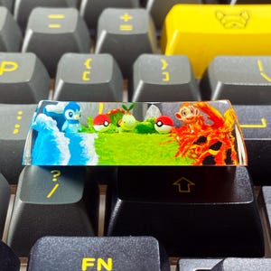 May include: A custom keyboard keycap featuring a colorful scene with cartoon characters, including a blue penguin, a green turtle-like creature, and a monkey-like character. The keycap is set against a backdrop of a green field, blue water, and orange lava.