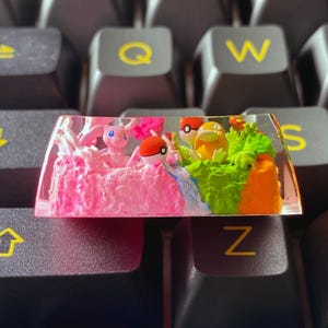 May include: A custom keycap featuring a vibrant scene with pink, orange, green, and blue elements. The keycap showcases several cartoon characters, including a pink creature, a yellow duck-like character, and a red and white ball. The keycap is set against a black keyboard.