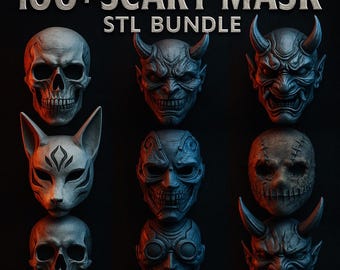 May include: A collection of nine scary masks, including skulls, demons, and a fox-like design, are displayed against a black background. The masks are in shades of gray, with some highlighted in red and blue. Text at the top reads "100+ SCARY MASK STL BUNDLE."