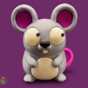 May include: A grey mouse figurine with large, round ears featuring magenta inner sections. It has oversized, pale yellow eyes, a black nose, and a single visible tooth. The mouse has a light beige belly and a bright magenta tail, with a 3DCRAFT CODE logo.