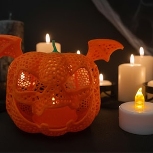 3D Printed: Halloween Bat Wings Pumpkin Lantern with Flickering LED Tea Light - Spooky Decoration