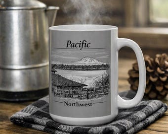Mount Baker Coffee Mug, PNW Cabin Art, Rustic Mountain Scene (15oz Ceramic)