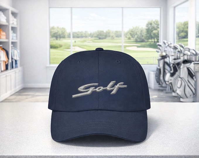 Retro Chrome Golf Script Cap Classic Dad Cap | Adjustable Embroidered Golf Hat