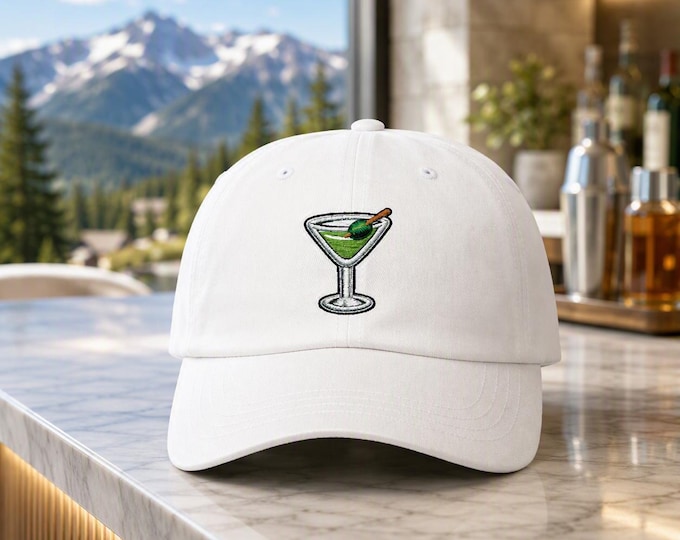 Martini Cocktail Hat, Embroidered Party Cap, Bar Style Drink Design, Fun Night Out