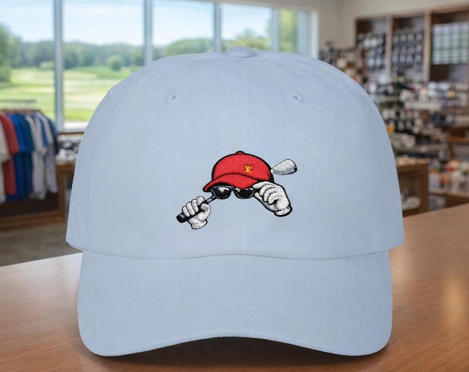 Golf Hat Logo Classic Dad Cap | Golfer Tipping Sunglasses, Club Over Shoulder