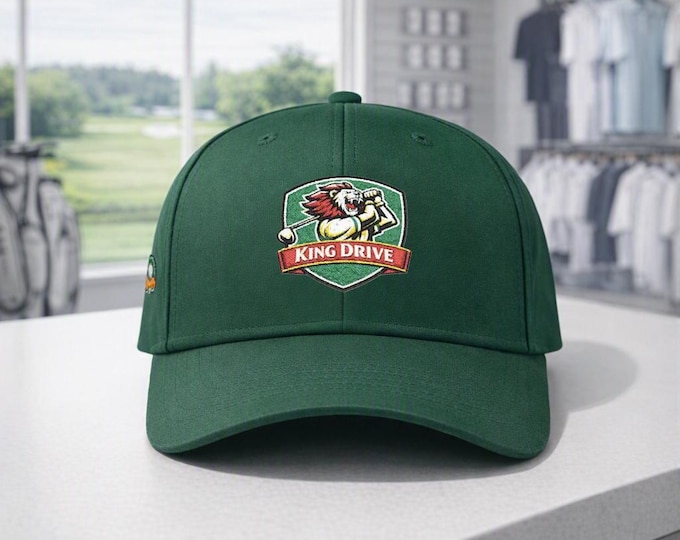 King Drive Golf Hat, Embroidered Lion Shield Logo, PNW Spruce Khaki Navy Stone