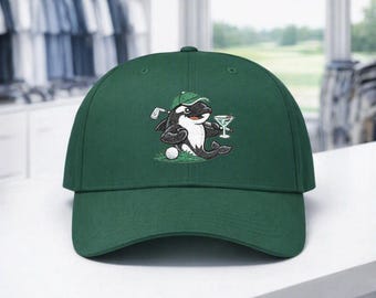 PNW Orca Golfer Embroidered Dad Cap | Orca with Golf Club and Martini