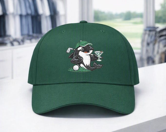 PNW Orca Golfer Embroidered Dad Cap | Orca with Golf Club and Martini